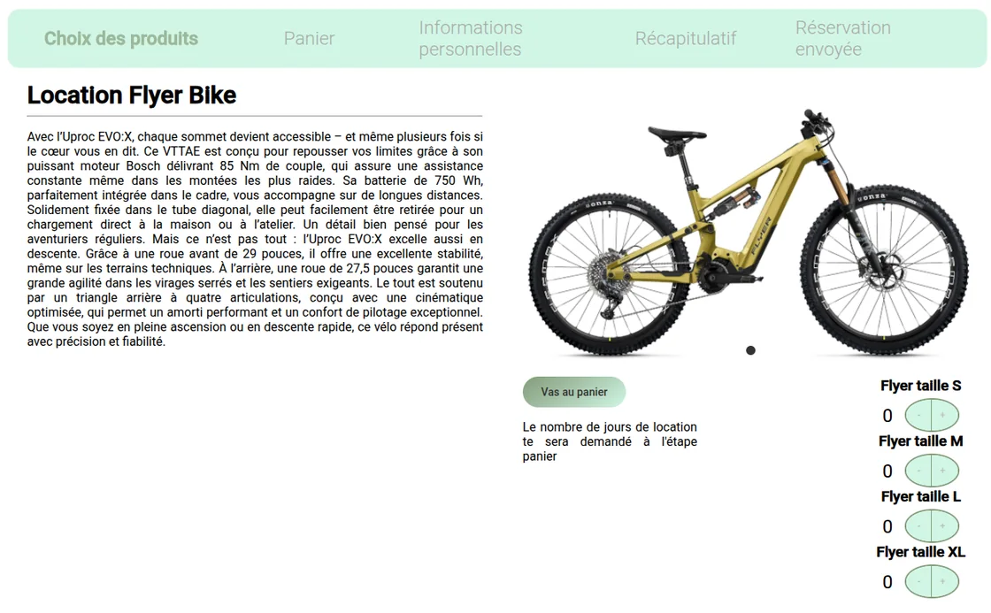 Page produit Jura Vaud Bike avec sélection de vélos par taille