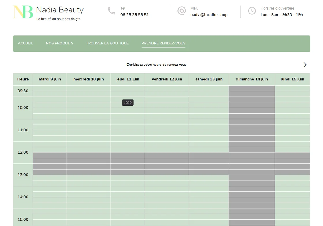 Planning Nadia Beauty avec choix de créneaux de rendez-vous